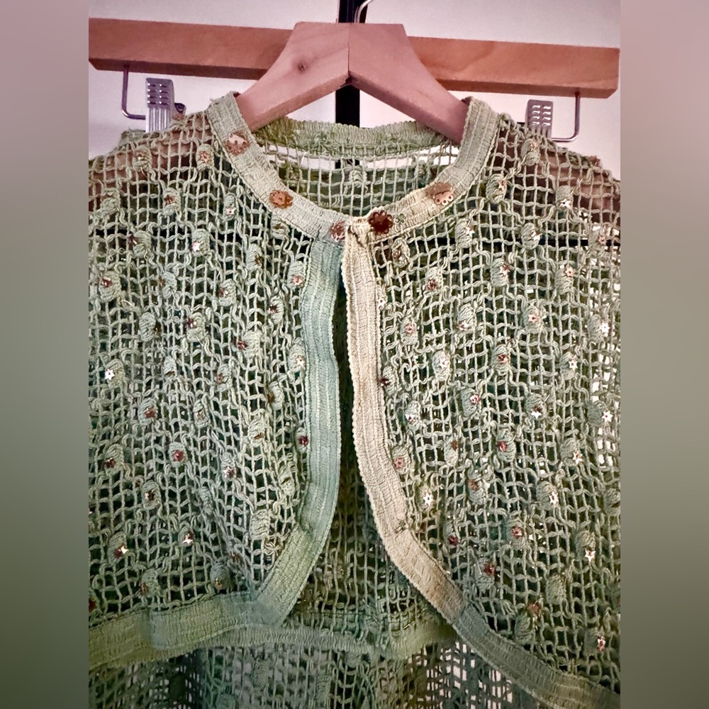 True Vintage 1930s Crochet Set Seafoam Green Gold Harem Balloon Pants - Picture 2 of 7